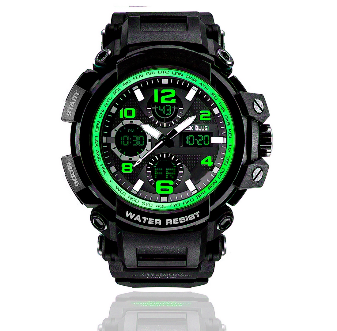 Reloj Hombre Digital Shock Led Hora Doble + Estuche Verde